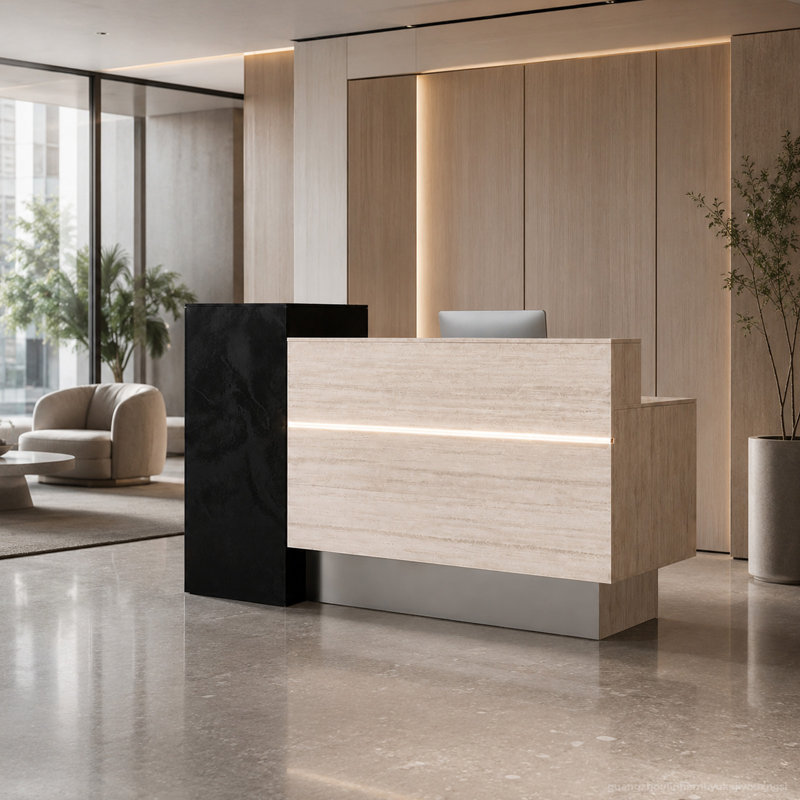 Bureau de réception moderne à deux tons de luxe avec tablette latérale réversible, rangement intelligent et éclairage ambiant à DEL pour le hall d'entrée du bureau / de la clinique / de l'hôtel