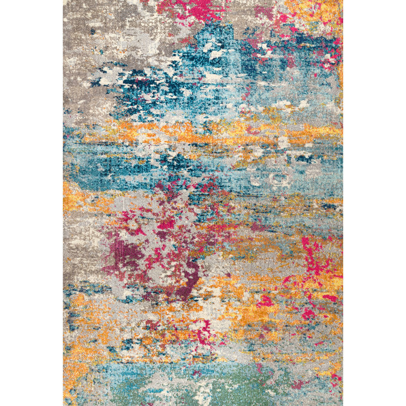 Tapis abstrait tissé à la machine Hiroko - ivoire / bleu / rose / jaune, Rectangle 7 pi 10 po x 11 pi