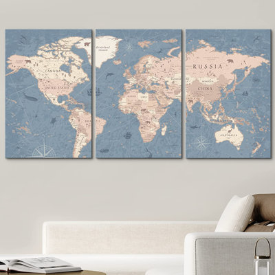 Large Blue Global Antique World Map - Framed Canvas 3 Piece Print Triptych Set Wall Art
