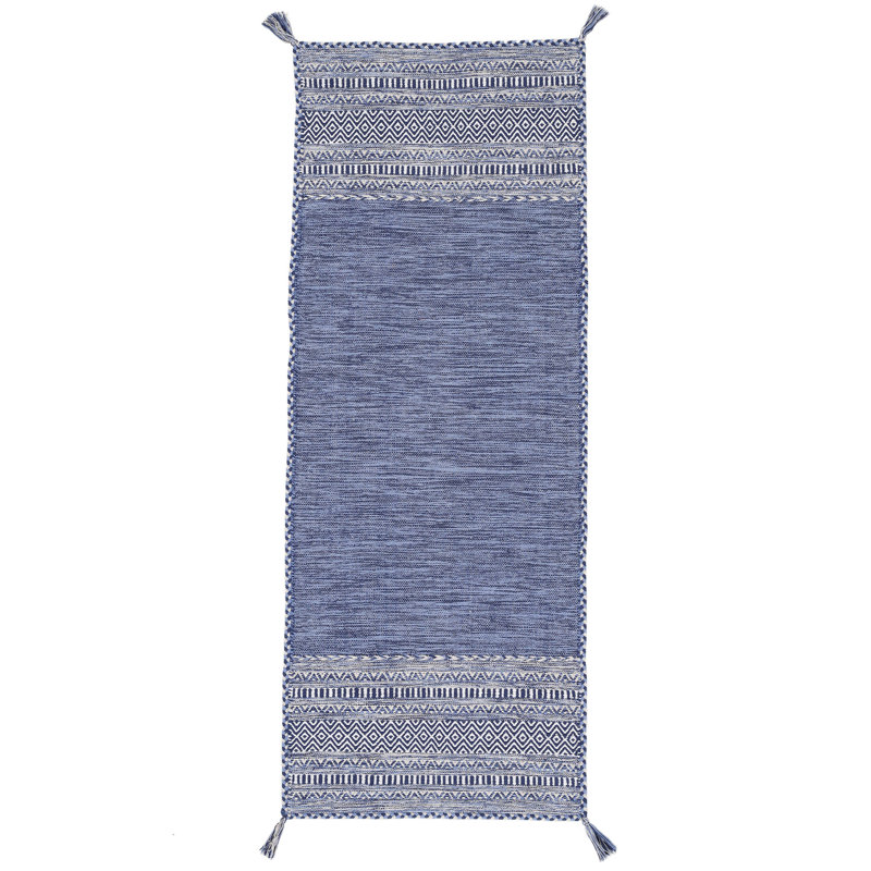 Azizi Striped Hand Woven Cotton Blue Rug, Runner 80 x 300cm