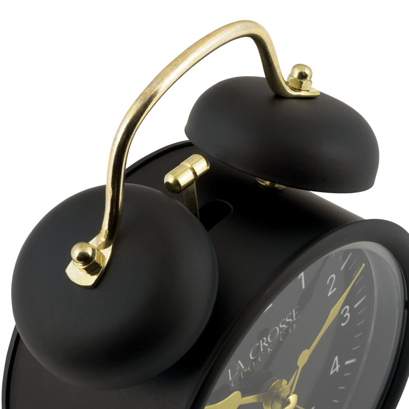 Black Twin Bell Quartz Analog Alarm Clock with Gold Accents