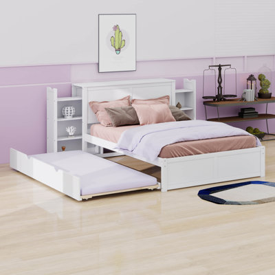 Wood Platform Bed With Pull Out Storage Shelves Headboard And Trundle