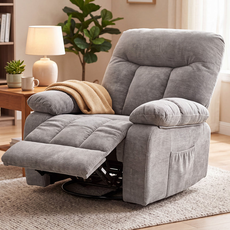 36.2" Swivel Rocker Upholstered Recliner with Massage and Heat, Light Grey