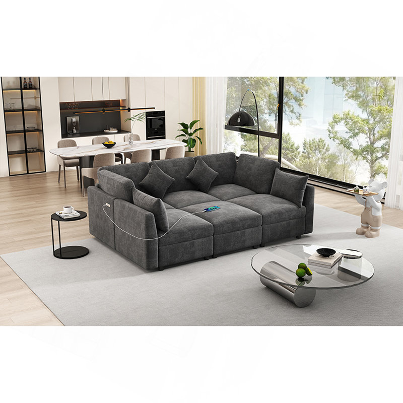 86.6" Sectional Sofa Modular Sofa U-shaped Sofa Couch Sofa Bed L-shaped Sofa with a Movable Ottoman and Two USB Ports for Living Room