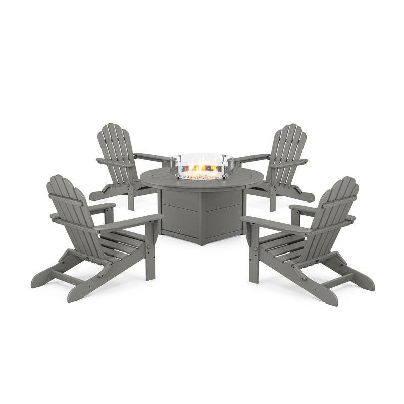 5-Piece Monterey Bay Folding Adirondack Conversation Set with Fire Pit Table, Stepping Stone