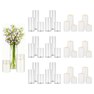 Pillar Candles and Glass Vases Set 36 Pcs, White (3.4" x 4.7", 7.1", 9.8"), Clear Cylinder Hurricane Candle Holders for Wedding Centerpieces, Tall Vase for Table Decor, Wedding Party, Thanksgiving