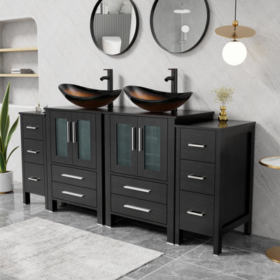Ensemble de meuble-lavabo à double cuve avec lavabo vasque, comptoir en bois manufacturé, robinet et drain Sharee
