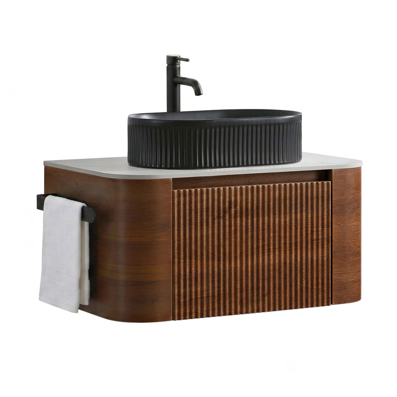 Meuble-lavabo flottant 30 po avec lavabo vasque et porte-serviettes pré-assemblés 30 po, Walnut, Noir