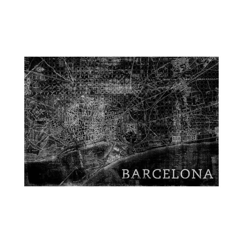 Map Barcelona, Vintage In Black by PI Studio - Wrapped Canvas Panoramic Print, 30.48 cm H x 45.72 cm W
