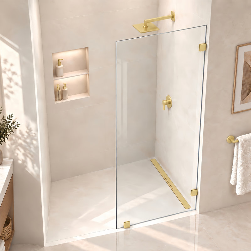 Écran de douche fixe sans cadre l 27 po x H 76 po avec verre transparent 3/8 po, L 27 po x H 76 po, Or brossé