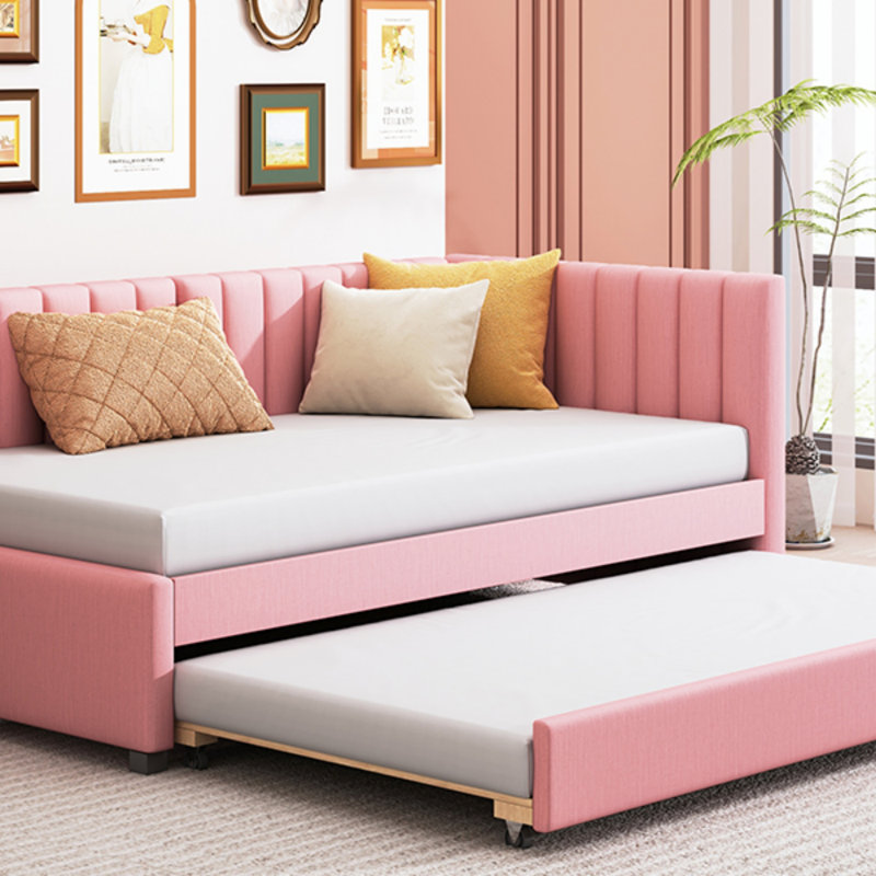Lit de jour rembourré avec couchette simple pour canapé-lit, pas de sommier, tissu de lin (lit de jour), Rose