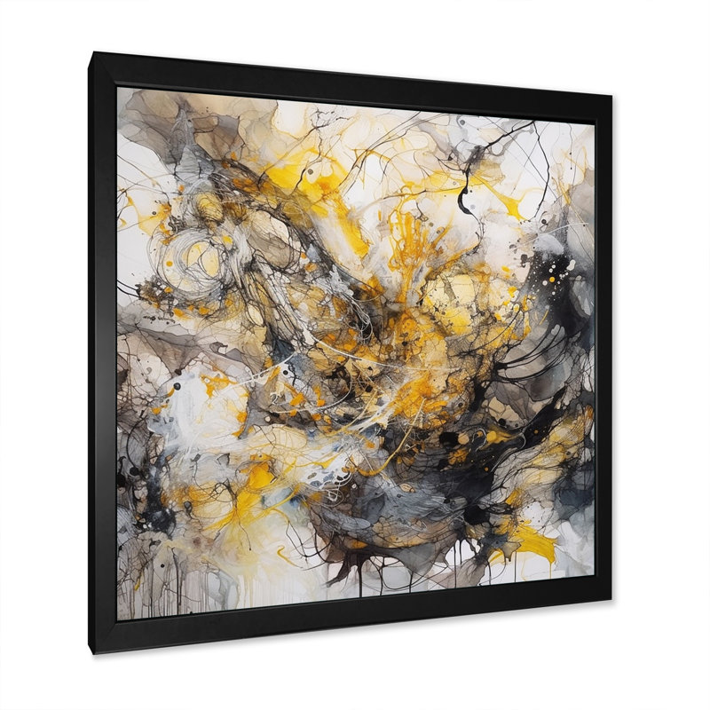 «Yellow Grey Marble Symphony II», art mural abstrait sur toile, H 30 po x l 30 po x P 1 po, Cadre simple noir