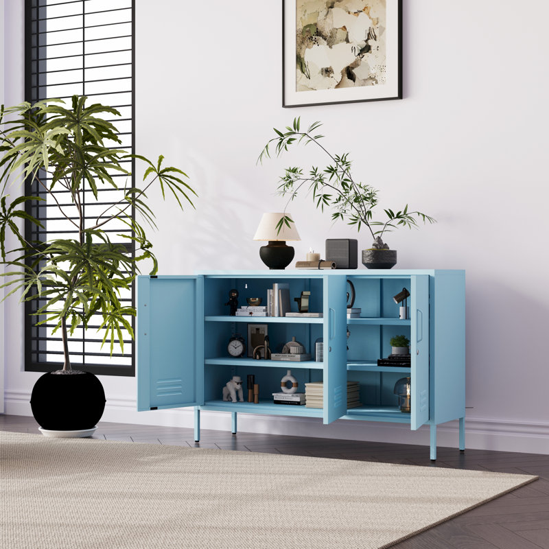 Armoire de rangement verrouillable en métal à 3 portes de 47,3 po de large avec casier d'appoint, armoire à outils robuste pour la maison, 2 tablettes amovibles et facile à assembler, pour la maison, le bureau, le vestibule et le couloir - bleu