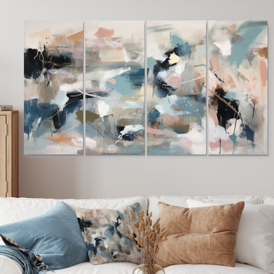 «Grey and Blue Vivid Waves Fuild III», peinture abstraite, art mural sur toile 4 pièces
