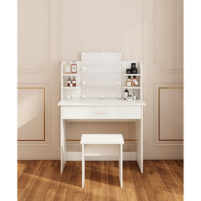 One Drawer Dresser Vanity Table With Adjustable Mirror, Storage For Makeup Items, Matching Stool, Compact Size, Ancient White Finish, Particle Board + , 68.08 Lb Weight Mirror Drawer, Spacious