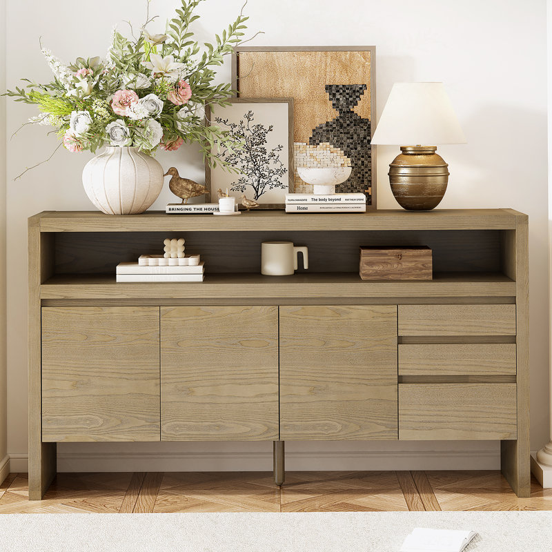 60" 3-Door Sideboard With 3 Drawers - Modern Solid Ash Veneer MDF Sideboard, Semi-Open Shelf & Centre Semi-Circular Cutout In Back Panel, Large Storage Cabinet