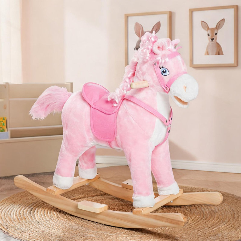 Poney berçant en peluche rose avec des sons authentiques et des glissières en bois robustes pour les enfants de 3 ans et plus