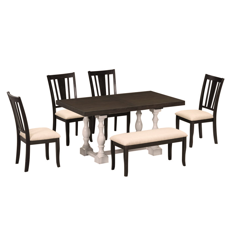 Ensemble de table de salle à manger extensible de style traditionnel avec tréteaux 78 pouces avec une feuille amovible de 18 pouces, chaises et banc rembourrés, blanc vieilli
