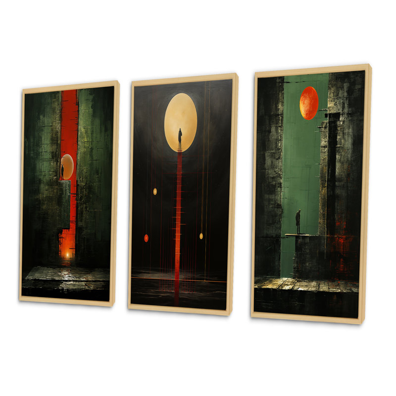 «Full Moon Urban Solitude Retro Minimal IV», 3 pièces sur toile, Cadre naturel flottant, H 40 po x l 60 po