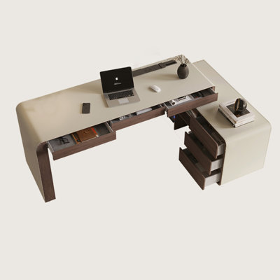 Beige + Nut-brown L-Shaped Manufactured Wood with 6 drawers desk