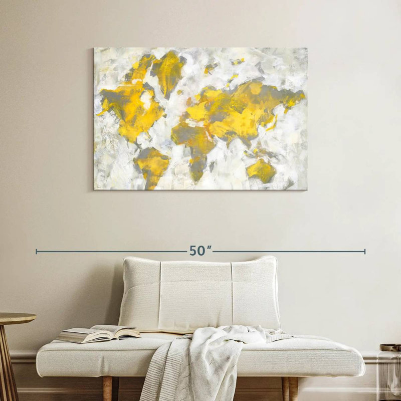 Carte du monde jaune-gris, H 26 po x l 39 po