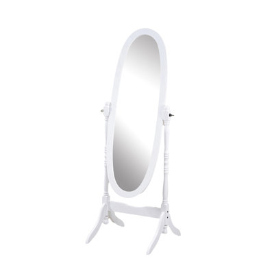 White Wood Mirror - Traditional Design Body Reflection Elongated Oval Glass Standing Support Decorative Mirror, Full Body Stable