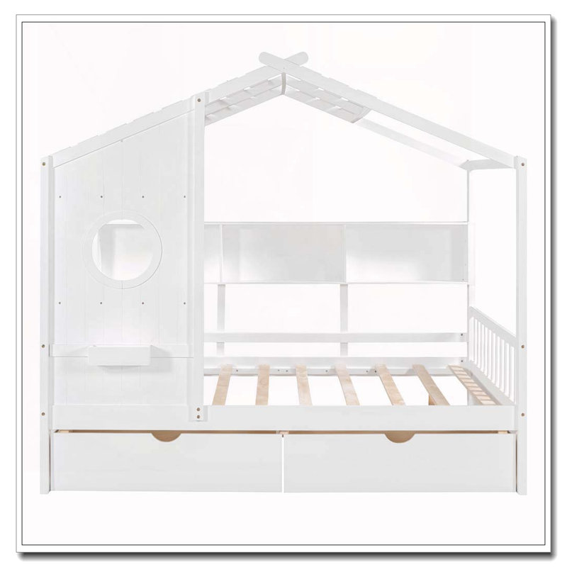 Lit double en bois avec 2 tiroirs, Blanc