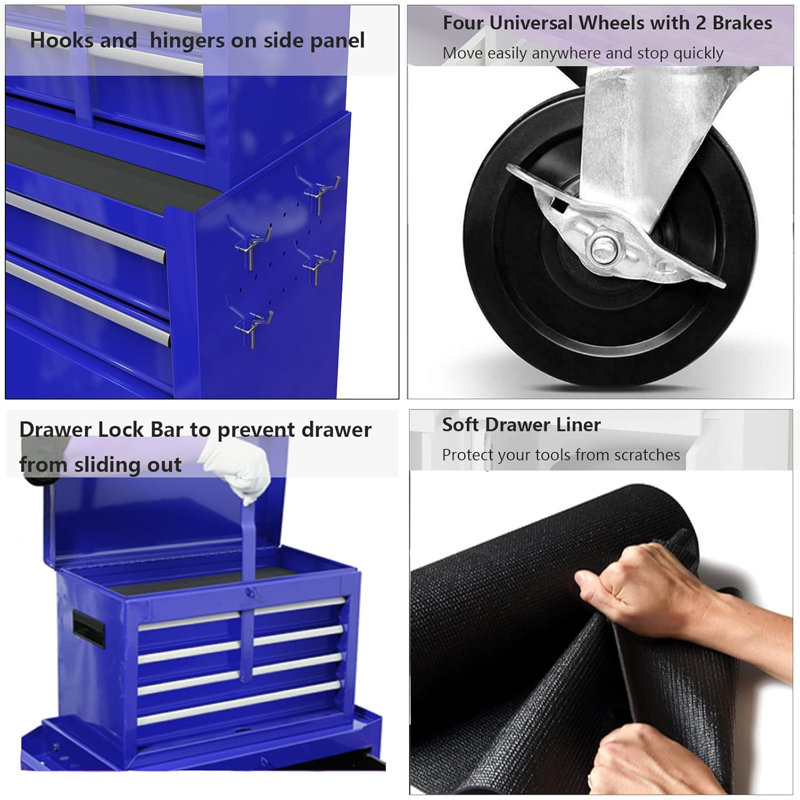 Boîte à outils sur roulettes à grande capacité avec 8 tiroirs et coffre à outils portatif avec tiroirs et roulettes, cadeau d'armoire de rangement amovible (bleu)