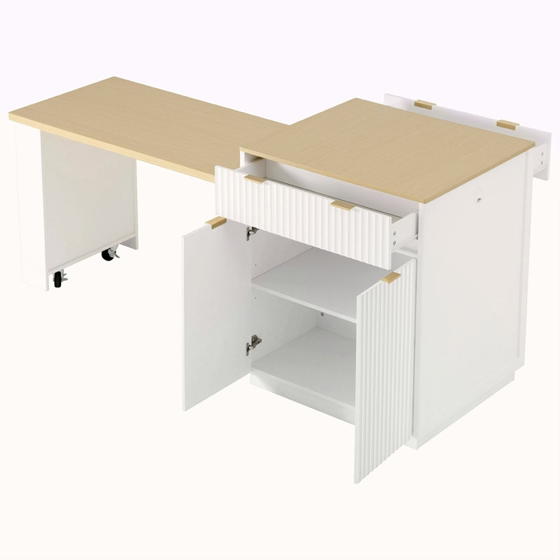Îlot de cuisine cannelé de 82,6 po avec table de salle à manger extensible pour 4 à 6 personnes, table d'îlot de cuisine avec prise de courant, table de cuisine avec rangement double, 2 tiroirs et 2 tablettes latérales ouvertes