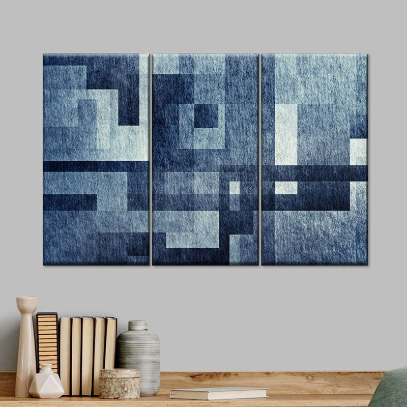 Abstrait géométrique abstrait bleu - 3 pièces sur toile tendue, H 24 po x l 38 po x P 1,25 po
