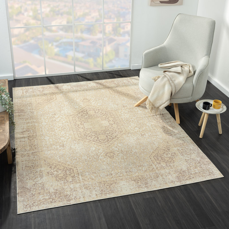 Tapis oriental traditionnel beige / ivoire lavable à la machine, Rectangle 5 pi 3 po x 7 pi