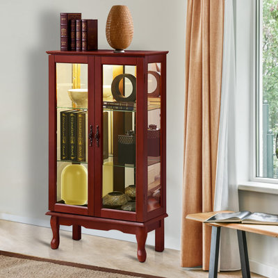 Kleinschmidt Curio Cabinet Lighted Curio Display Cabinet with Adjustable Shelves, Tempered Glass Doors and Mirrored Back Panel by Three Posts