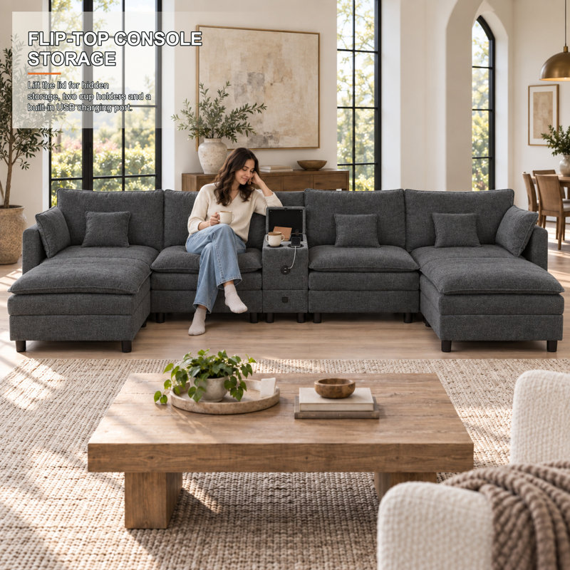 Canapé modulaire modulaire en L avec méridienne réversible, port USB, tiroir de rangement, console avec porte-gobelet rabattable, poches pour accoudoirs et coussins amovibles - gris foncé