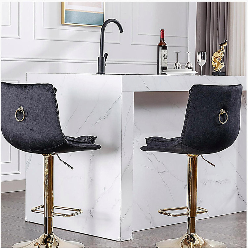 Ensemble de tabourets de bar, repose-pieds chromé et mécanisme de réglage de la hauteur pivotant avec velours, Noir