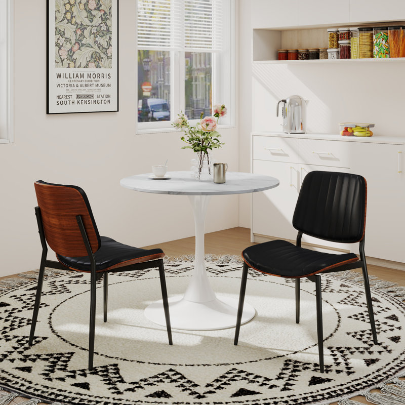 Modern Round 3 Piece Dining Room Table and Chairs Set, White, Black, White