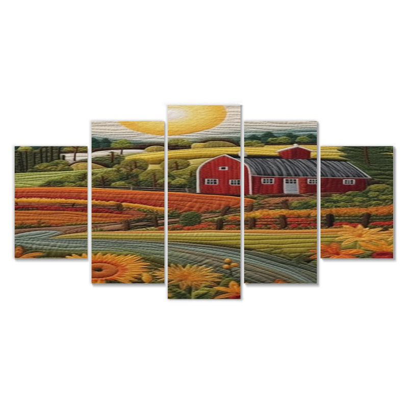 Tournesol champ rouge Bard vert campagne - ferme, art mural 5 pièces, H 32 po x l 60 po