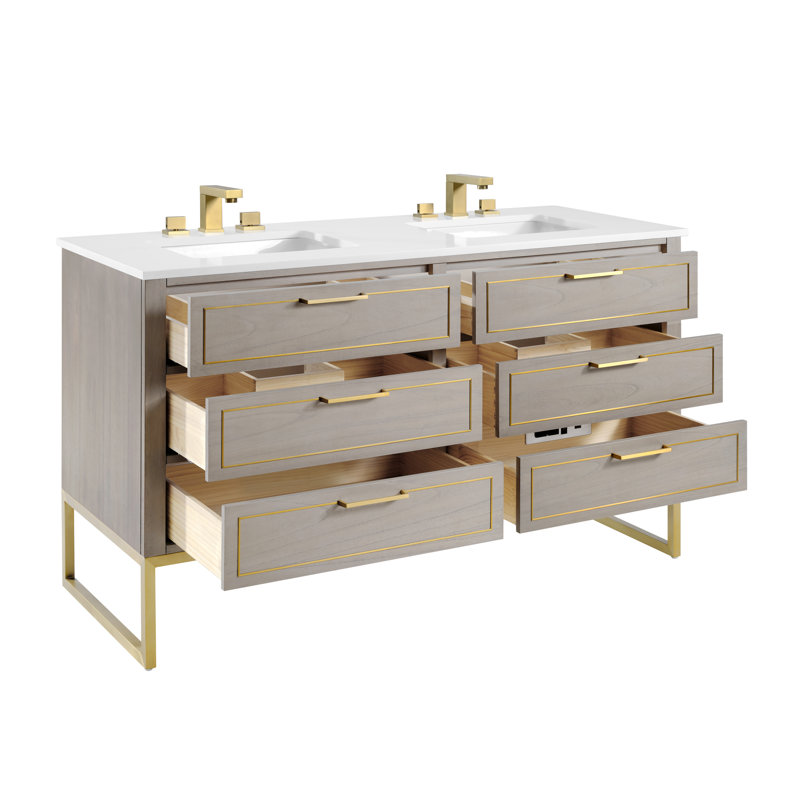 Markham 60'' W Double Vanity, Cashmere Gray, White Quartz, Satin Brass