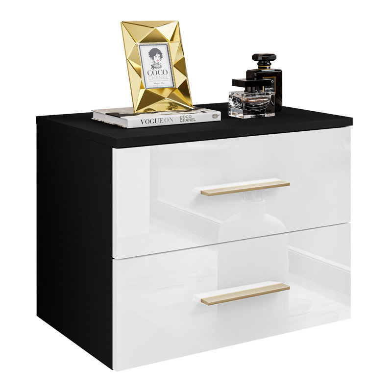 Notburg 55cm W Manufactured Wood Bedside Table, Black/White Glossy