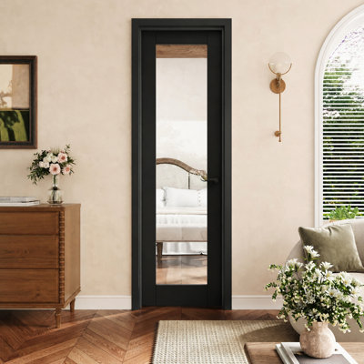 Porte prémontée noire 24 po x 80 po, 1 vantail, porte intérieure prémontée en verre clair avec charnières noires, vitrage opaque avec cadre noir, insonorisée et imperméable, convient pour la buanderie, la salle de bain, la cuisine, les armoires et les chambres, ouverture à gauche