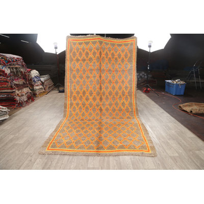Tapis décoratif en laine de conception unique 5 pi 11 po x 11 pi 1 po noué à la main en brun/orange/jaune