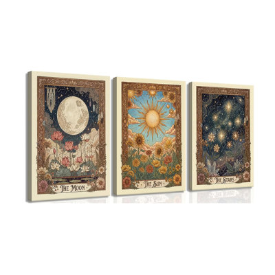 3 pièces Tarot toile Art mural Boho fleur mystique astrologie peinture rétro soleil et lune céleste botanique affiches impression pour chambre à coucher salon méditation espace décorations suspension directe 16 x 24 po