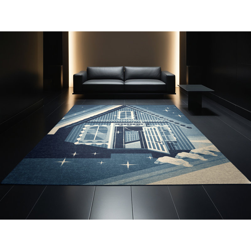 Machine Washable Templeton Christmas Gingerbread House Modern Block Print Rug in Gray – Navy Binding, 7x9