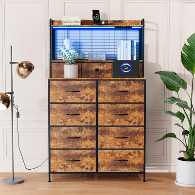 11 Drawer Fabric Dresser with Charging Station, Wireless Charger & RGB LED Lights Storage Organizer