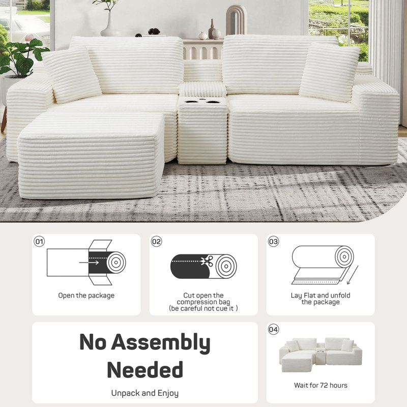 Boneless 111.2" Corduroy Modular Sectional Sofa 4 Pieces Compression Deep Seart Cloud Couch With Center Console & USB Charging & Removable Ottoman