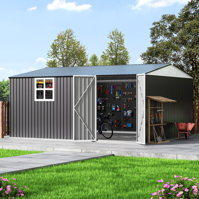 Remise de rangement extérieure en métal l 14 pi x P 12 pi avec fenêtre fixe, structure en acier renforcé et portes verrouillables