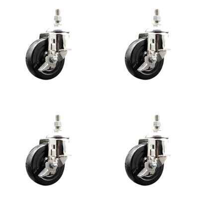 316SS Soft Rubber Wheel Swivel Threaded Stem Caster Set Brake