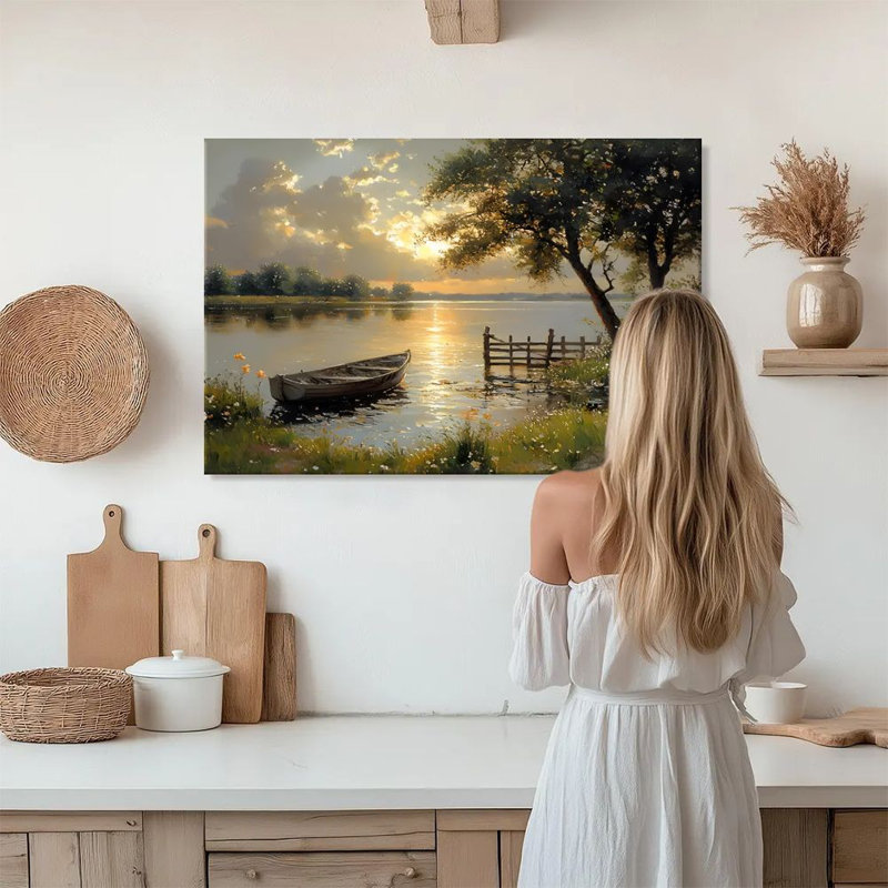 Impressionist Lakeside Dusk Framed Canvas Wall Art - 24" x 36" Sunset Lake with Boat Landscape Painting, 1" Thick Solid Wood Frame for Living Room or Bedroom