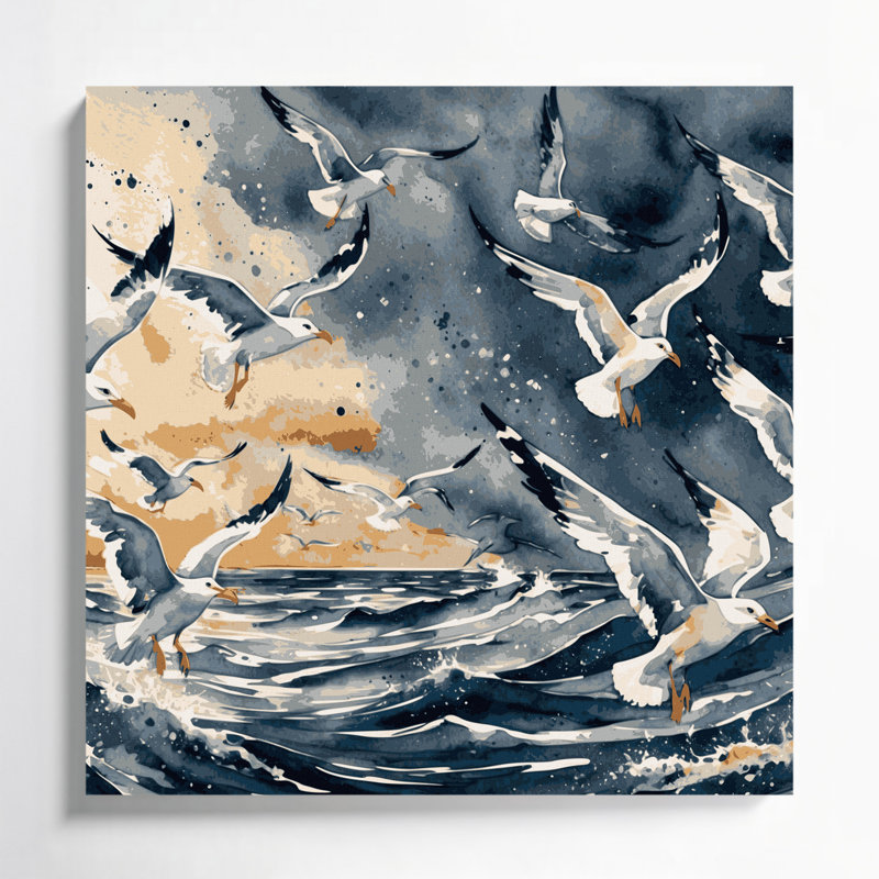 Oiseaux, goéland argenté et toile beige, H 8 po x l 8 po
