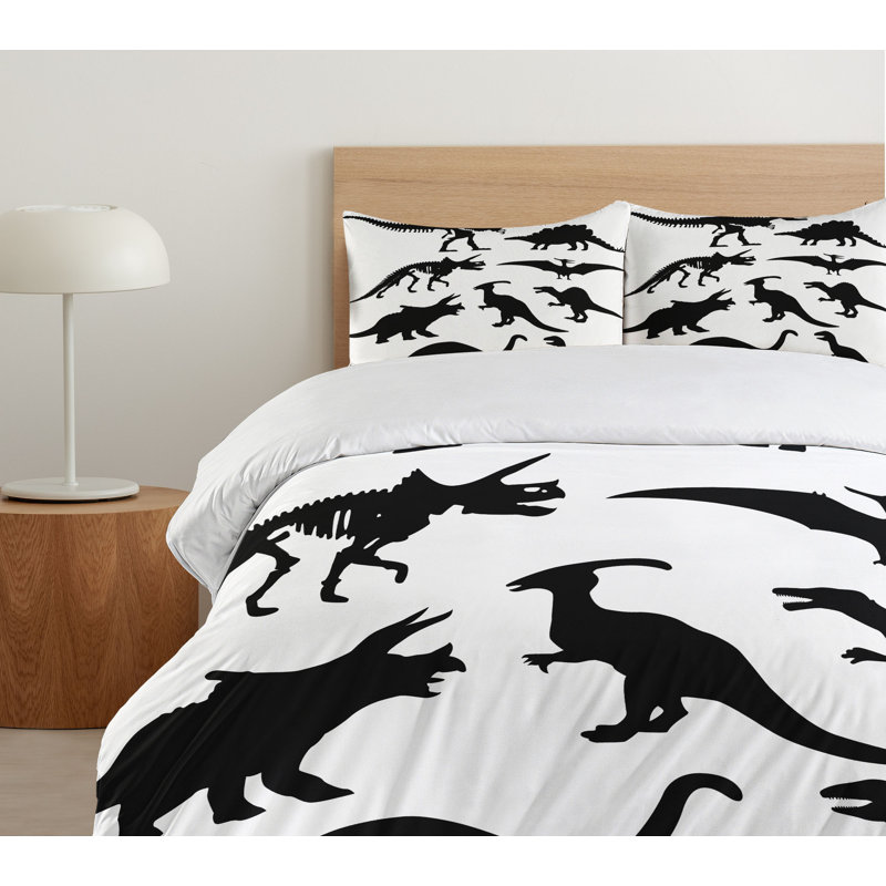 Twin Black and White Dinosaur Skeleton Duvet Cover Set