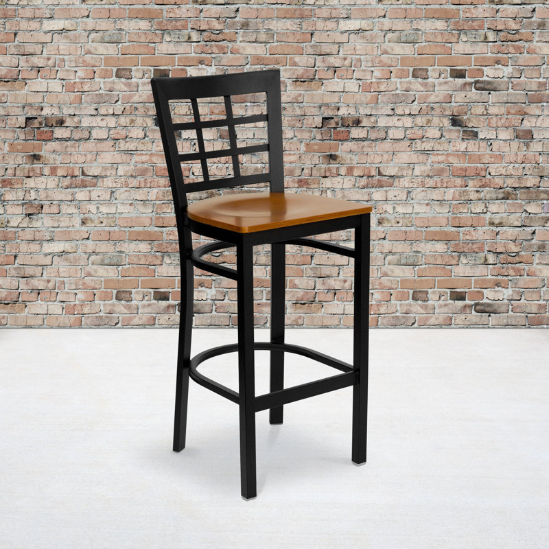 Prompton Window Back Metal Restaurant Barstool, Cherry, 1
